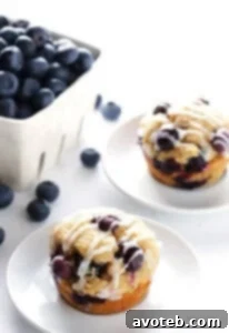 A stack of Healthier Blueberry Muffins, garnished with a few fresh blueberries and lemon zest. | gimmesomeoven.com