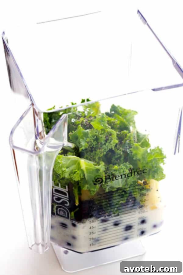 Fresh kale leaves and frozen blueberries ready to be blended into a healthy smoothie.