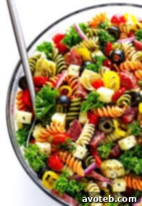 Rainbow Antipasto Pasta Salad with colorful ingredients