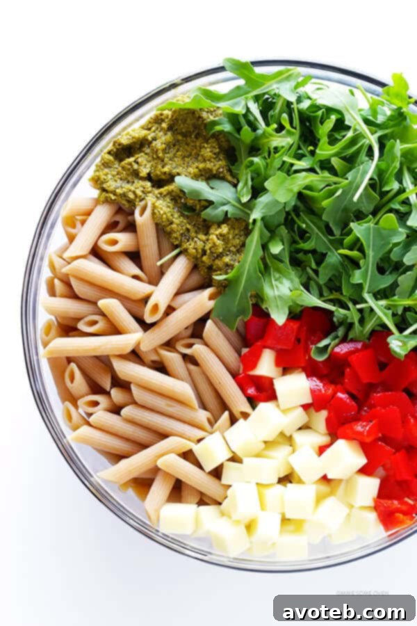 Make-Ahead Salads Loved By All 16 5-Ingredient Pasta Salad: An incredibly easy and flavorful pasta salad made with pasta, mozzarella, roasted red peppers, arugula, and pesto. A mega-flavorful and delicious dinner or side.