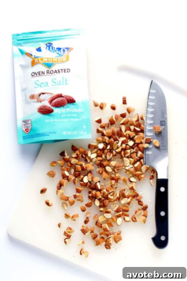 Close-up of the delicious almond and oat crisp topping ingredients before mixing.