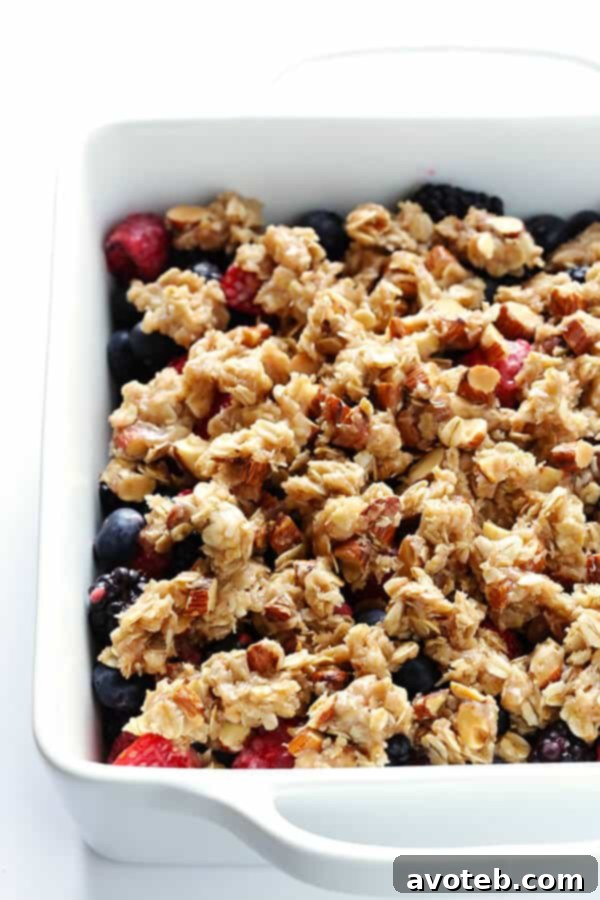 The prepared almond and oat crisp topping, ready to be sprinkled over the berries.