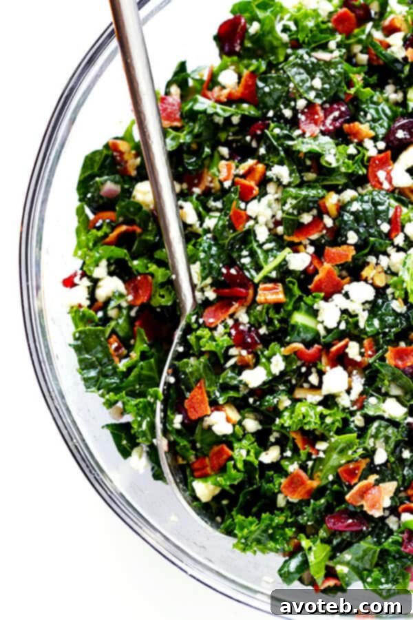 Smoky Bacon & Bold Blue Cheese Kale Salad 7 Close-up of the Kale Salad, perfectly tossed and ready for a final garnish of extra bacon and blue cheese.
