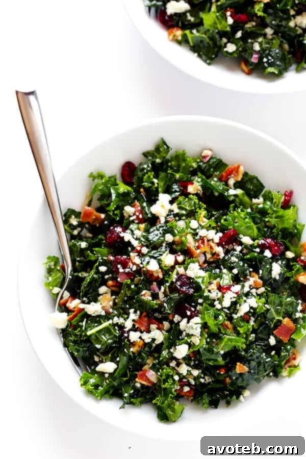 Smoky Bacon & Bold Blue Cheese Kale Salad 8 The final presentation of a beautifully plated Kale Salad with Bacon and Blue Cheese, garnished with extra toppings.