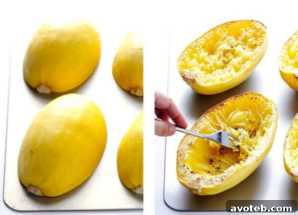 Preparing spaghetti squash: halves are roasted and then shredded with a fork to create pasta-like strands.
