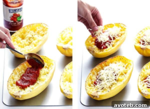 Mixing pizza sauce and shredded mozzarella cheese into the spaghetti squash strands within their natural boat.