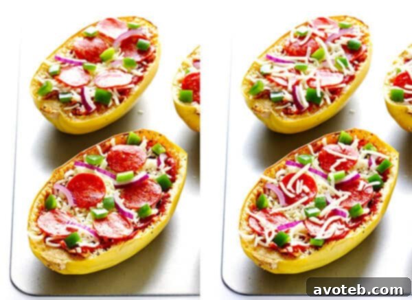 Topping the pizza spaghetti squash boats with a variety of ingredients before broiling.