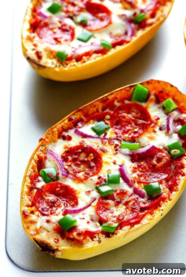 Golden brown and bubbly Pizza Spaghetti Squash Boats, fresh out of the oven, ready to be served.