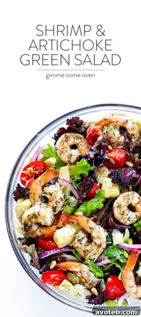 Vibrant Shrimp and Artichoke Salad with Zesty Lemon Dressing 9 This Shrimp and Artichoke Green Salad is made with easy Italian-herb shrimp, artichoke hearts, tomatoes, pine nuts, and then it's tossed in a zesty lemon vinaigrette. It's one of my all-time favorite salads! | gimmesomeoven.com