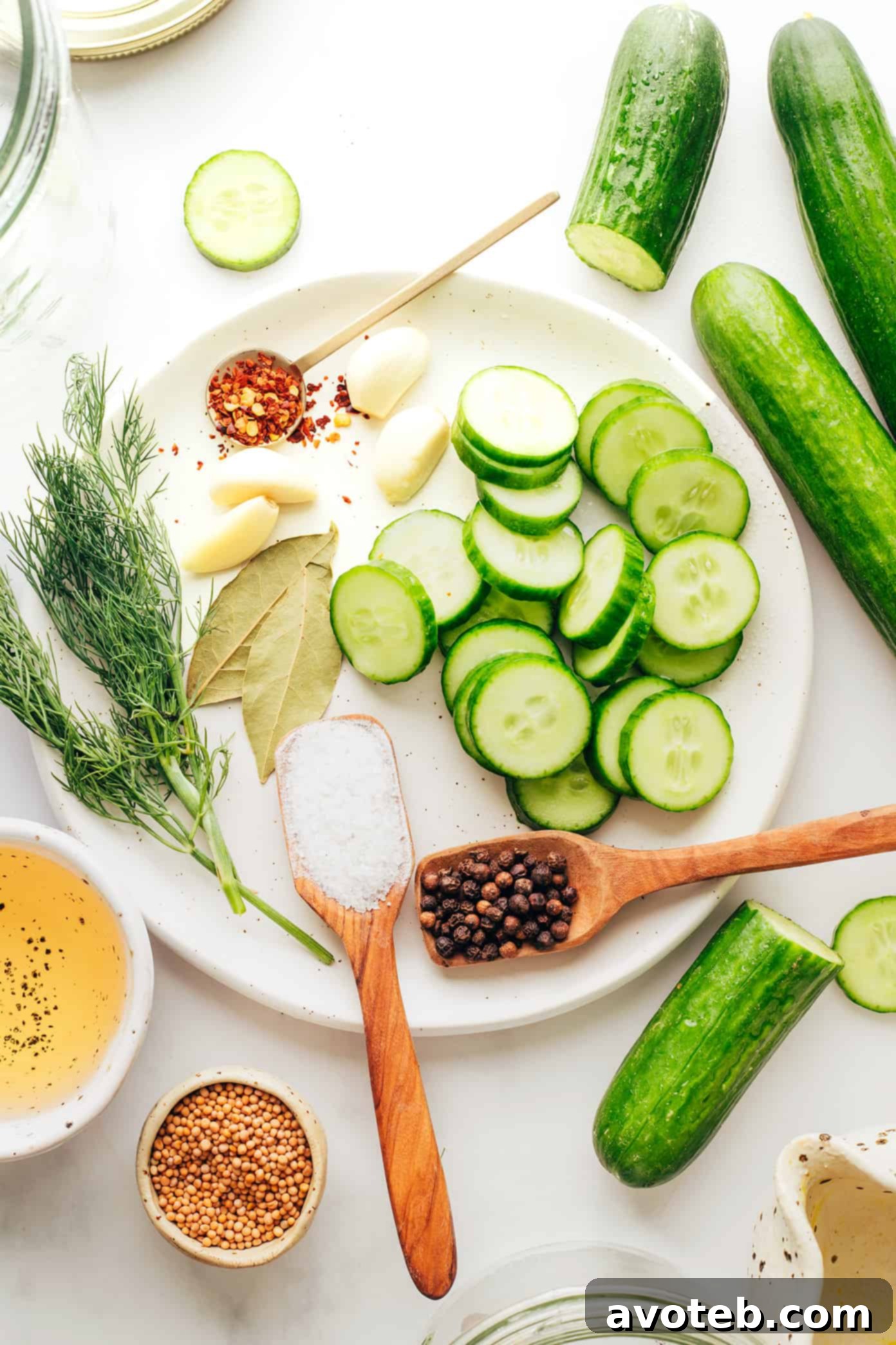 Sliced cucumbers, dill, and garlic being added to a pickling jar.