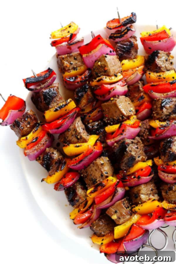 Close-up of a perfectly grilled Korean Steak Kabob, glistening with marinade, ready to be enjoyed.