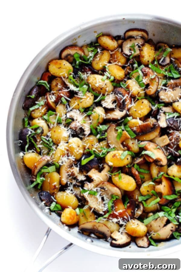 Serving of Toasted Gnocchi with Mushrooms, Basil, and Parmesan, garnished with extra cheese and fresh basil leaves.