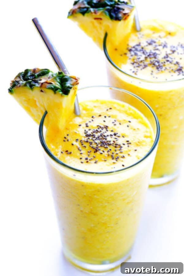 Delicious Feel-Good Pineapple Smoothie made with turmeric, ginger, and orange for anti-inflammatory benefits.