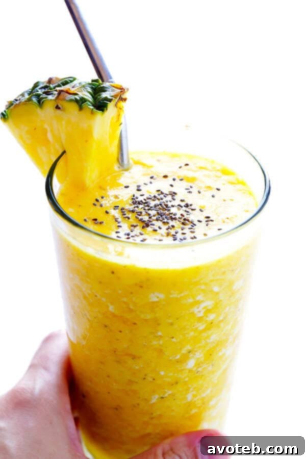 Close-up of Feel-Good Pineapple Smoothie in a glass, ready to drink.