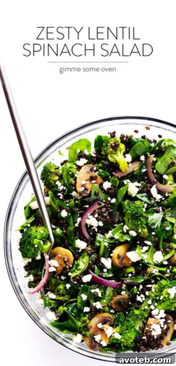 Invigorating Lentil & Spinach Medley 11 A vibrant and colorful Zesty Lentil Spinach Salad served in a bowl, showcasing all the fresh ingredients, perfect for a healthy and satisfying meal.
