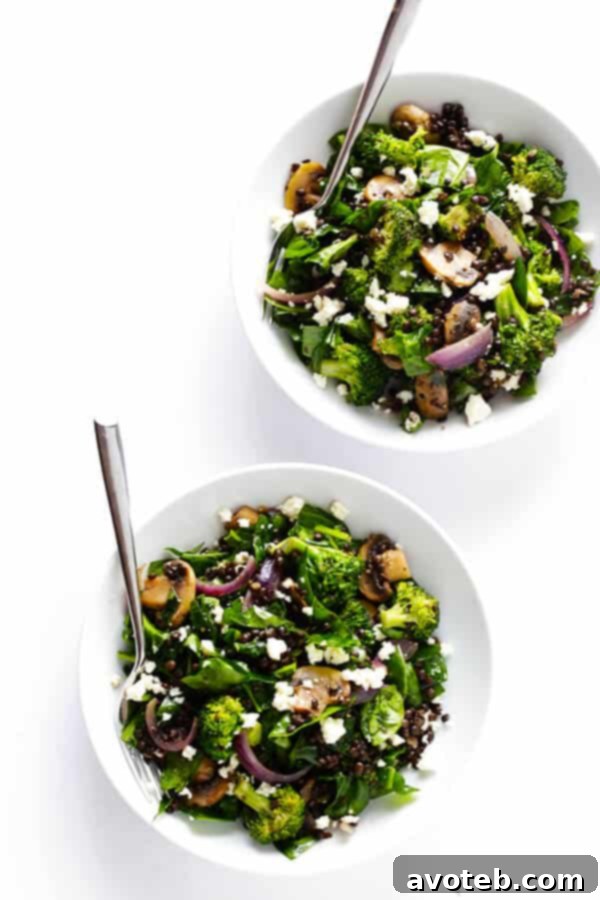 Invigorating Lentil & Spinach Medley 3 Close-up of a bowl of Zesty Lentil Spinach Salad, showcasing hearty lentils, vibrant spinach, and perfectly sauteed vegetables with a bright lemon dressing. It’s a healthy, gluten-free, and vegetarian delight.