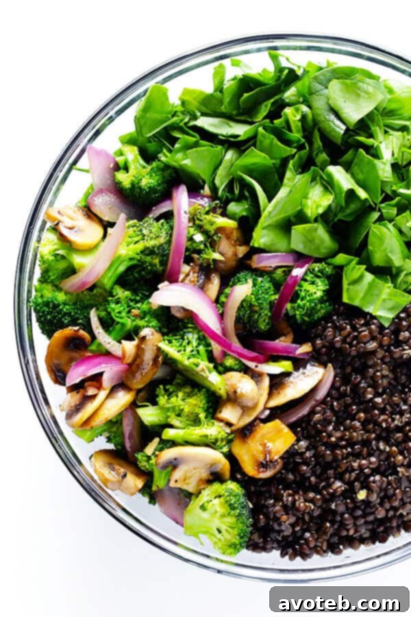 Invigorating Lentil & Spinach Medley 6 Assortment of sautéed vegetables including broccoli, mushrooms, and red onions, cooked to tender-crisp perfection for a Zesty Lentil Spinach Salad.