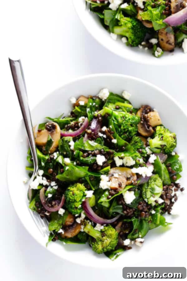 Invigorating Lentil & Spinach Medley 9 Finished Zesty Lentil Spinach Salad, garnished with crumbled feta cheese and a fresh lemon wedge, ready to be served. A beautiful and healthy vegetarian meal.