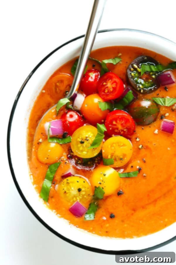 Speedy Summer Gazpacho 2 This 10-Minute Gazpacho Recipe is easy to customize with whatever veggies you have on hand, it's easy to make ahead of time, and it's absolutely delicious! | gimmesomeoven.com (Vegetarian / Gluten-Free)
