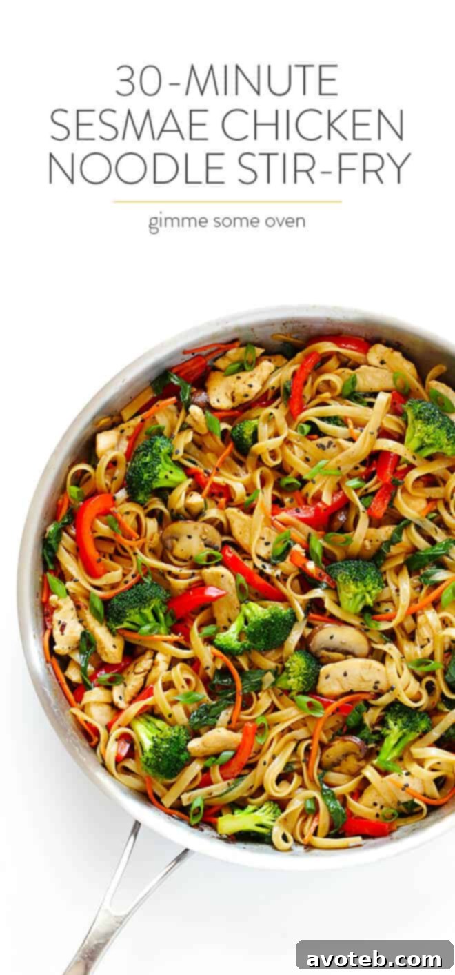 This 30-Minute Sesame Chicken Noodle Stir-Fry recipe is quick and easy to make, easy to customize with whatever fresh veggies or greens you have on hand, and it's tossed with the most delicious sesame-soy vinaigrette! | gimmesomeoven.com
