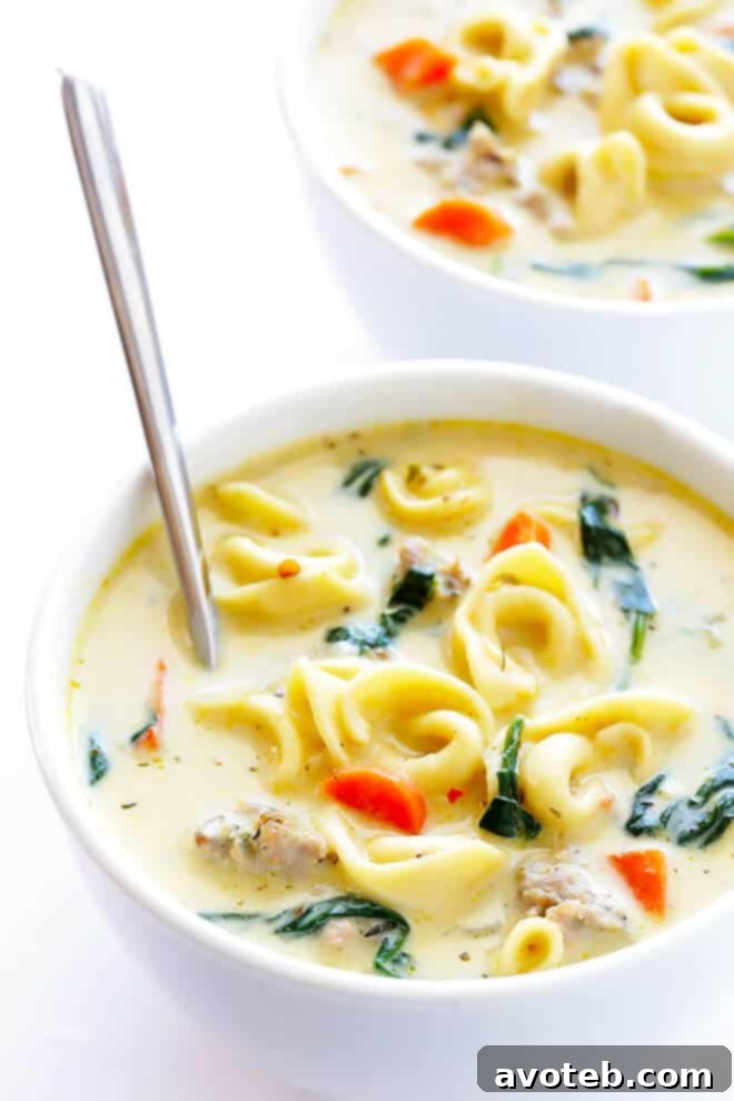 Velvety Italian Sausage Tortellini Soup 2 Creamy Tortellini Soup with Italian Sausage, a comforting fall recipe. This rich soup features cheesy tortellini, zesty Italian sausage, and fresh greens, all in a creamy broth made without heavy cream. Perfect for a cozy meal.