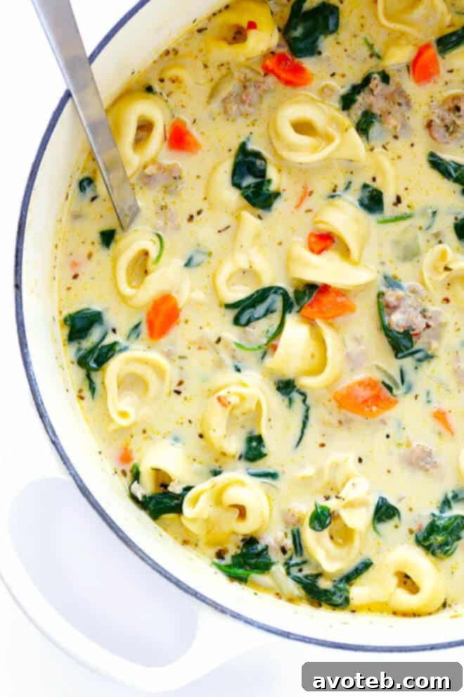 Velvety Italian Sausage Tortellini Soup 5 A ladle scooping Creamy Tortellini Soup with Italian Sausage, highlighting the smooth, rich broth, tender tortellini, and vibrant greens. This image emphasizes the soup's creamy texture achieved without heavy cream.