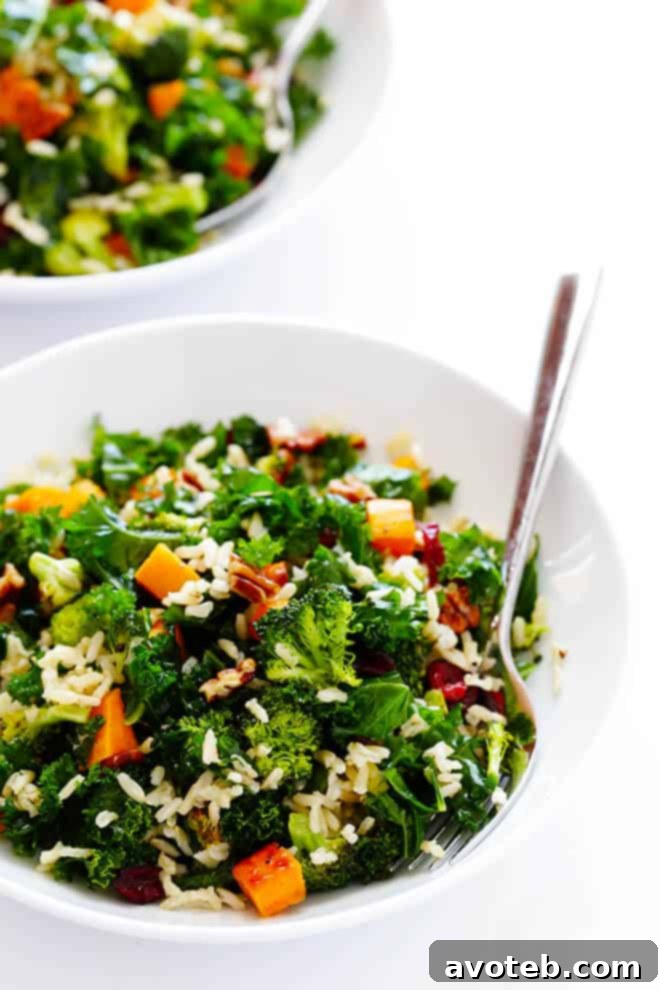 Autumn Kale Salad with Sweet Potatoes, Broccoli and Brown Rice -- a hearty, easy dinner made with my favorite fall flavors! | gimmesomeoven.com