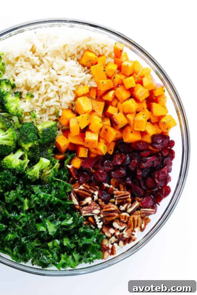 Autumn Kale Salad with Sweet Potatoes, Broccoli and Brown Rice -- a hearty, easy dinner made with my favorite fall flavors! | gimmesomeoven.com