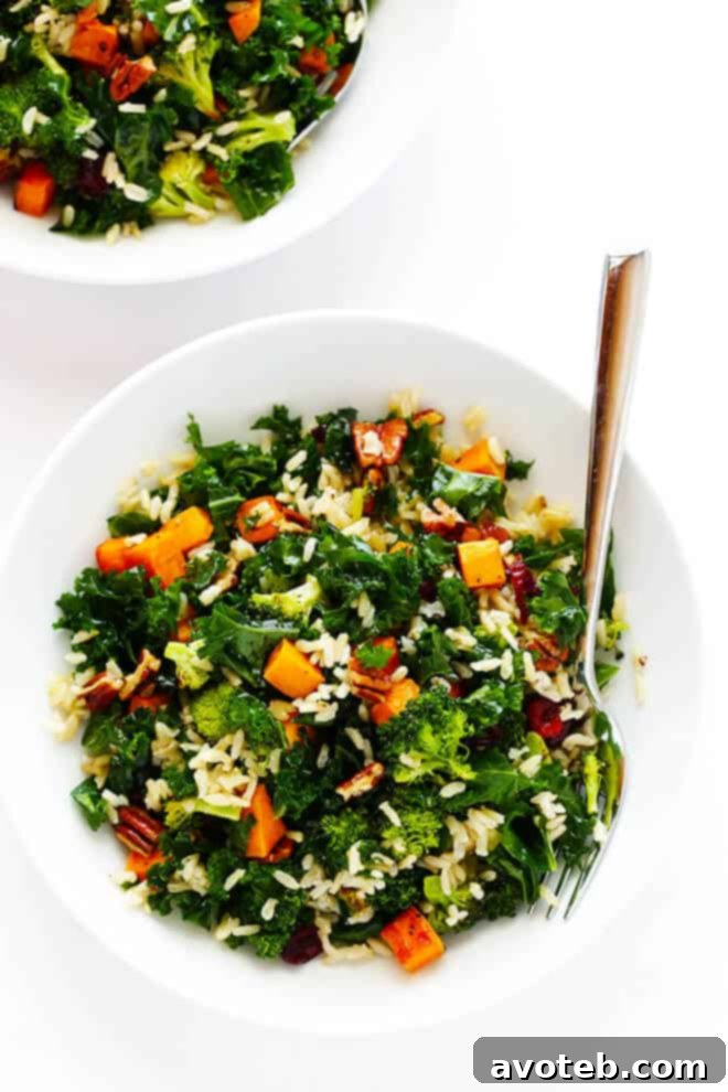 Autumn Kale Salad with Sweet Potatoes, Broccoli and Brown Rice -- a hearty, easy dinner made with my favorite fall flavors! | gimmesomeoven.com