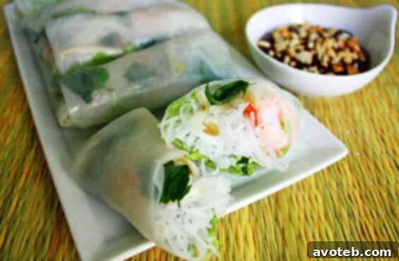 Fresh and healthy homemade Vietnamese spring rolls with a delicious peanut dipping sauce.