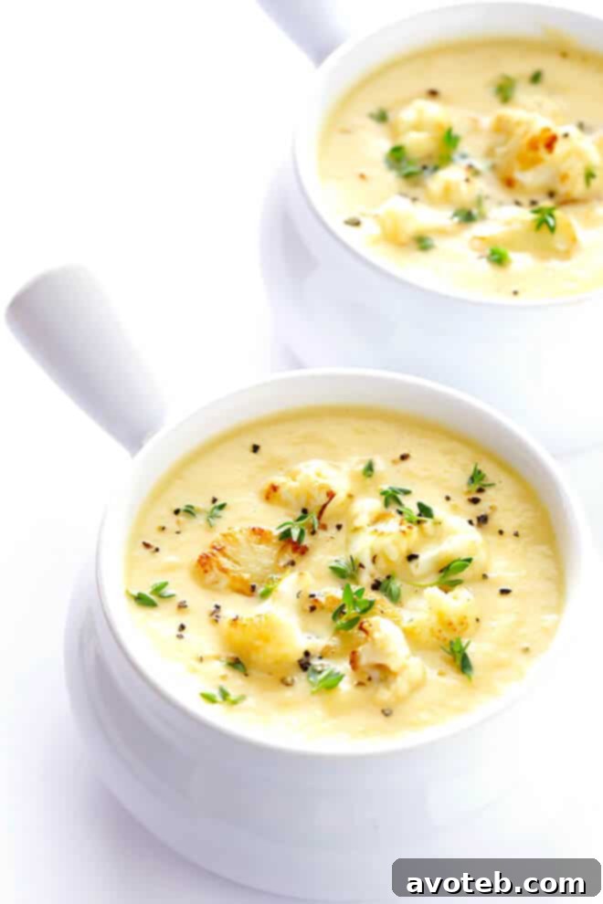 Velvety Cauliflower Indulgence 7 This Creamy Cauliflower Soup recipe is comfort food you can feel GOOD about. It's made with healthier ingredients, it's quick and easy to make, and it is so comforting and tasty. | gimmesomeoven.com (Vegan | Gluten-Free)