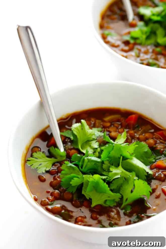 A bowl of Slow Cooker Curried Lentil Soup, garnished with fresh cilantro, ready to be enjoyed as a hearty and healthy vegetarian, vegan, and gluten-free comfort food. | gimmesomeoven.com