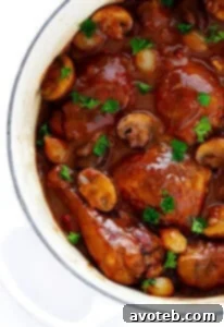 A close-up shot of a prepared dish of Coq Au Vin with tender chicken, mushrooms, and pearl onions, garnished with fresh parsley.