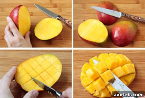 A plate filled with fresh, perfectly diced mango cubes, ready to be enjoyed.