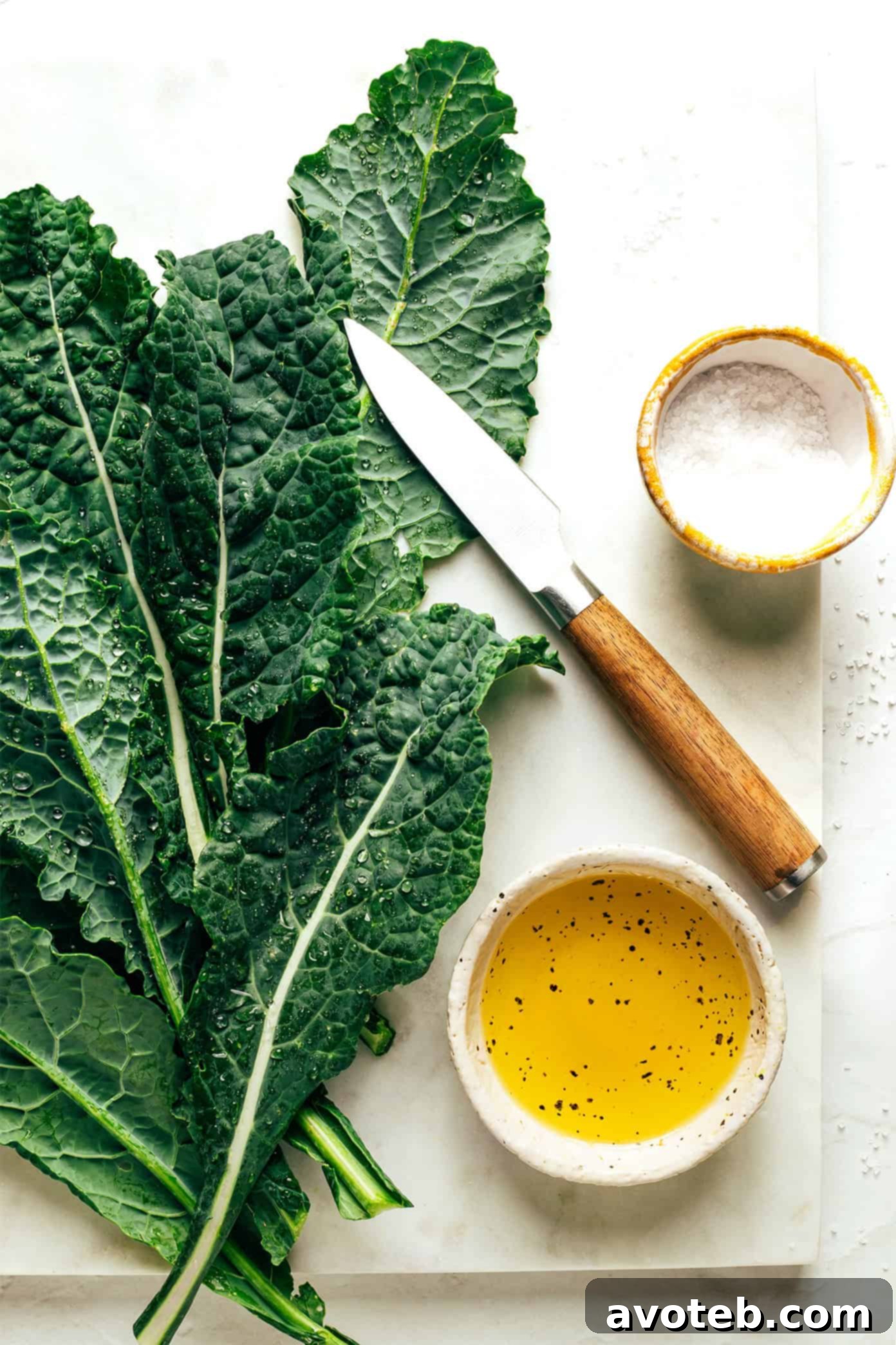 Fresh, vibrant green kale leaves being prepared for making chips.