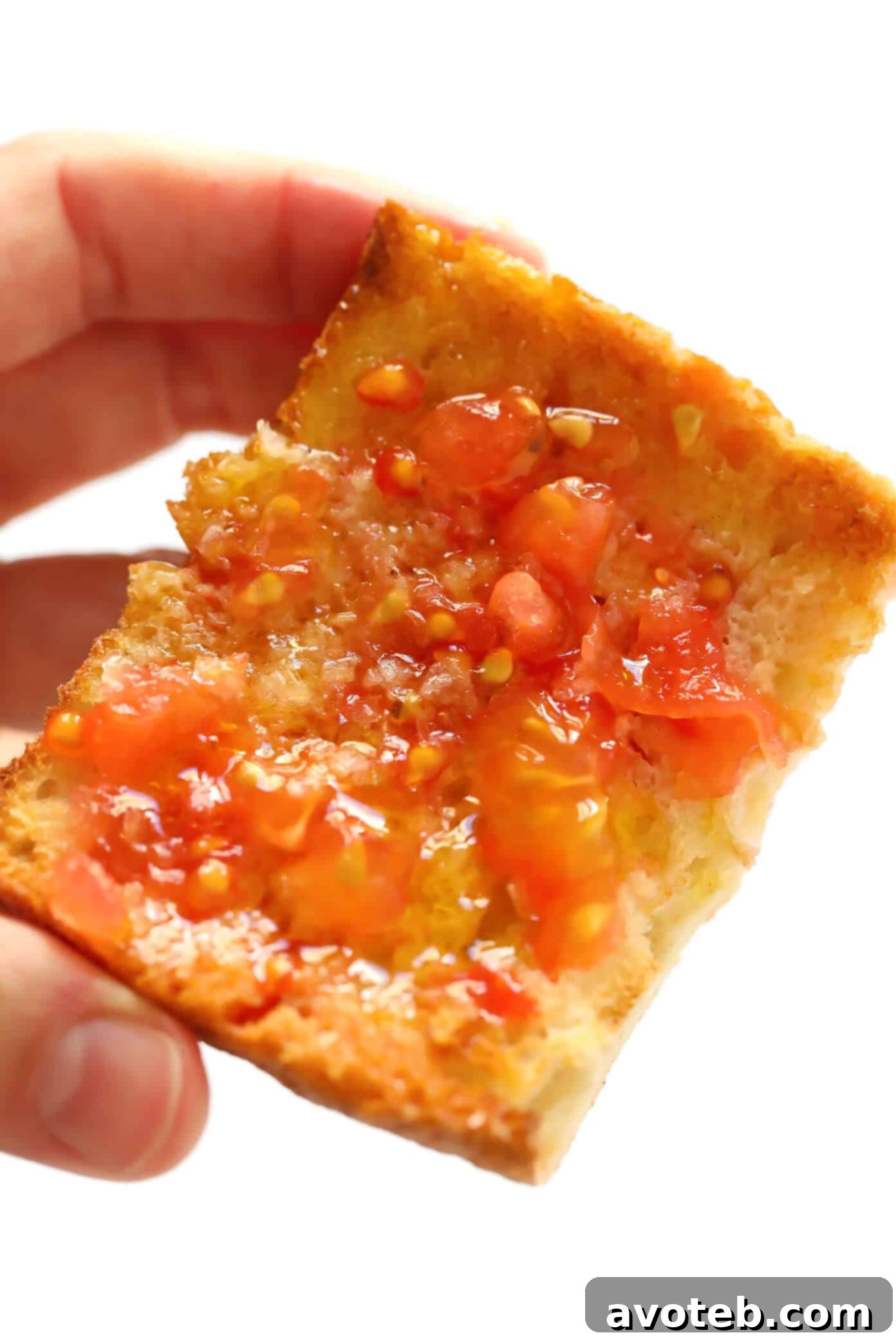 This Catalan Tomato Bread recipe is easy to make with just 5 ingredients, it's a great easy appetizer, side dish, or tapas recipe, and always tastes so fresh and delicious! | gimmesomeoven.com #tapas #spain #spanish #catalan #appetizer #bread #vegetarian #vegan A close-up view of Pa Amb Tomàquet with a rustic background, highlighting its fresh ingredients.