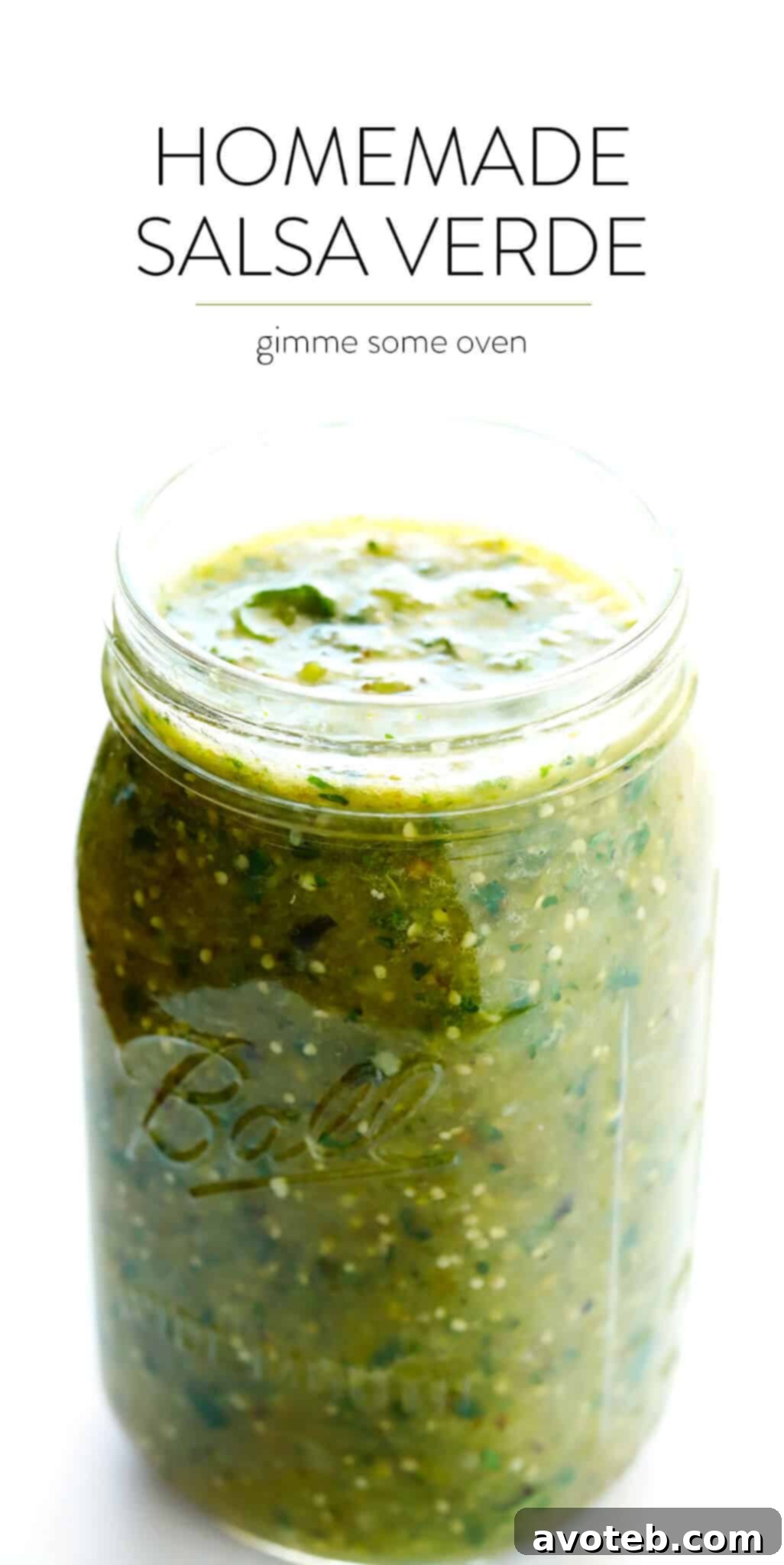An overhead shot of homemade salsa verde in a white bowl, ready to be served. The texture shows slight chunks, indicating a perfect blend.
