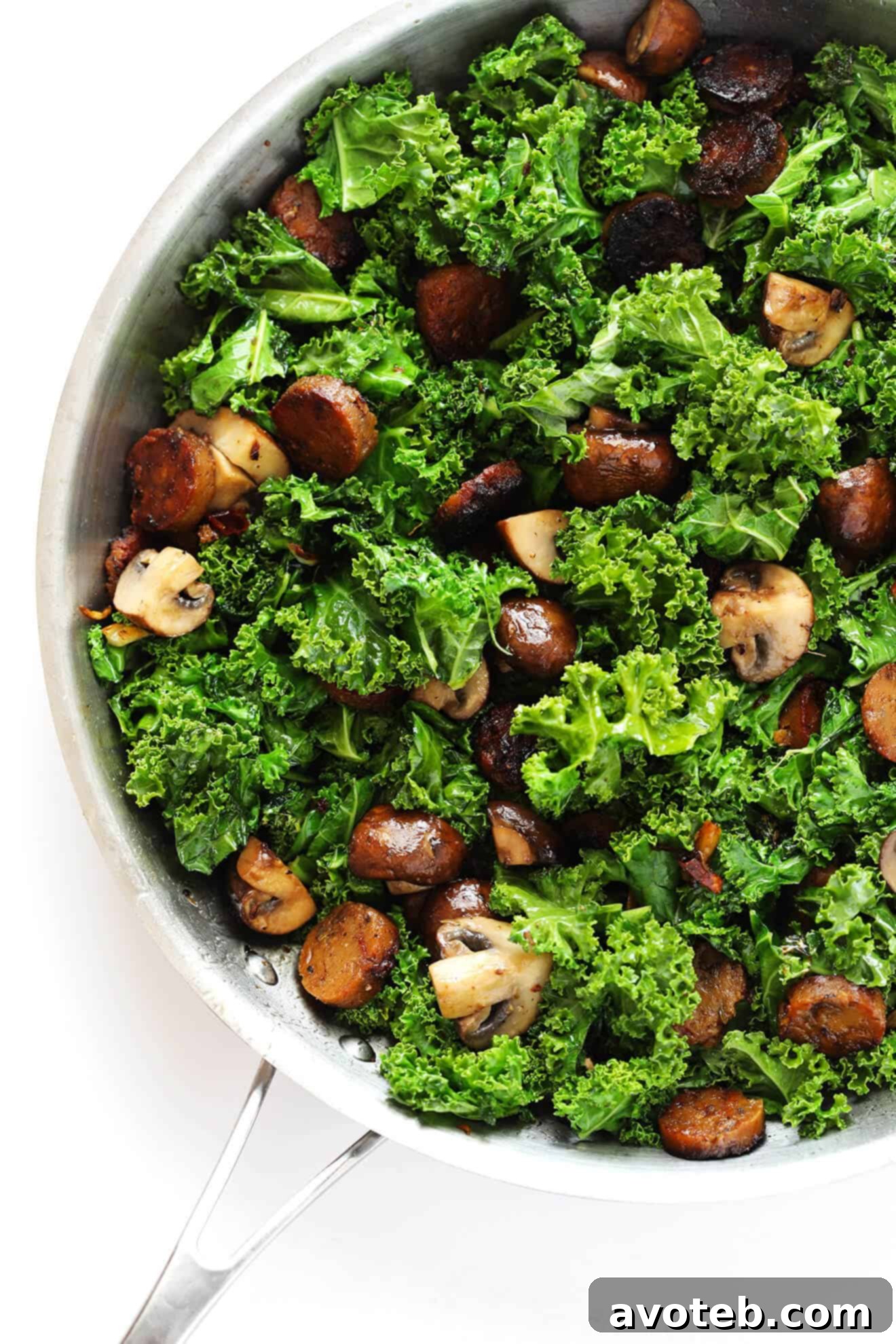 A close-up of the delicious Pasta with Italian Sausage, Mushrooms, and Kale, showcasing its rich colors and textures.