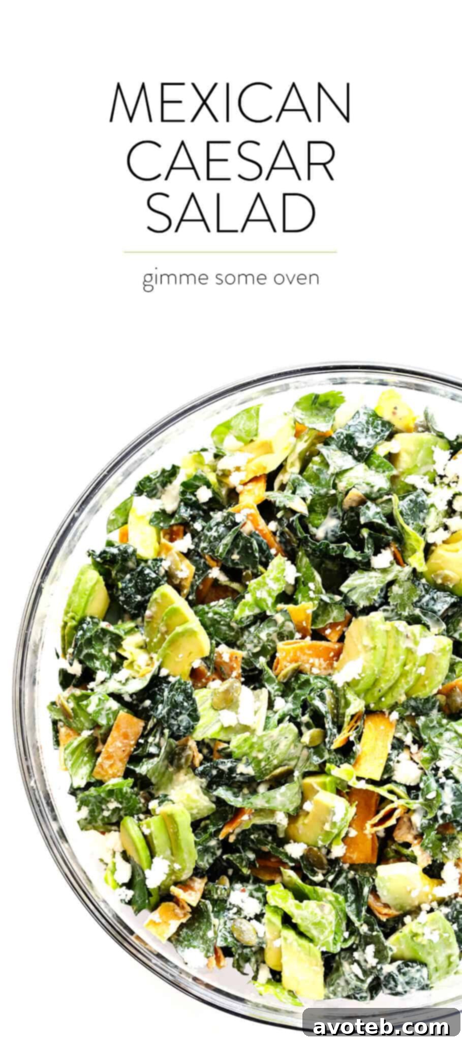 This delightful salad is made with kale, Romaine, avocado, crispy tortilla strips, pepitas, crumbled cotija cheese, and a creamy Greek Yogurt Mexican Caesar Salad Dressing, offering a delicious and healthy meal option.