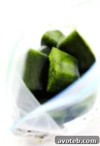 A stack of frozen spinach cubes next to a bag of fresh spinach, ready for smoothies.