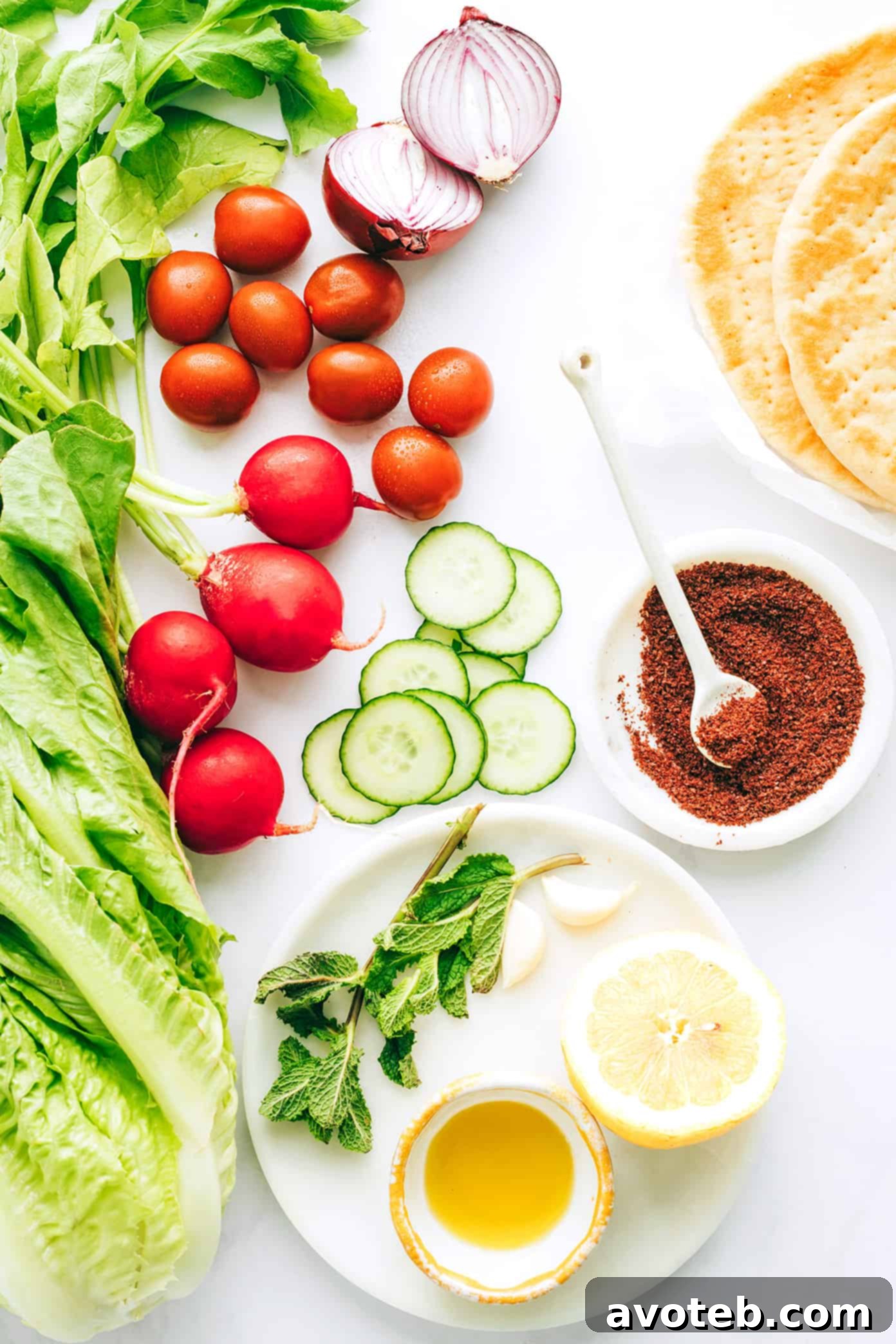 Close-up of Fattoush salad ingredients before mixing