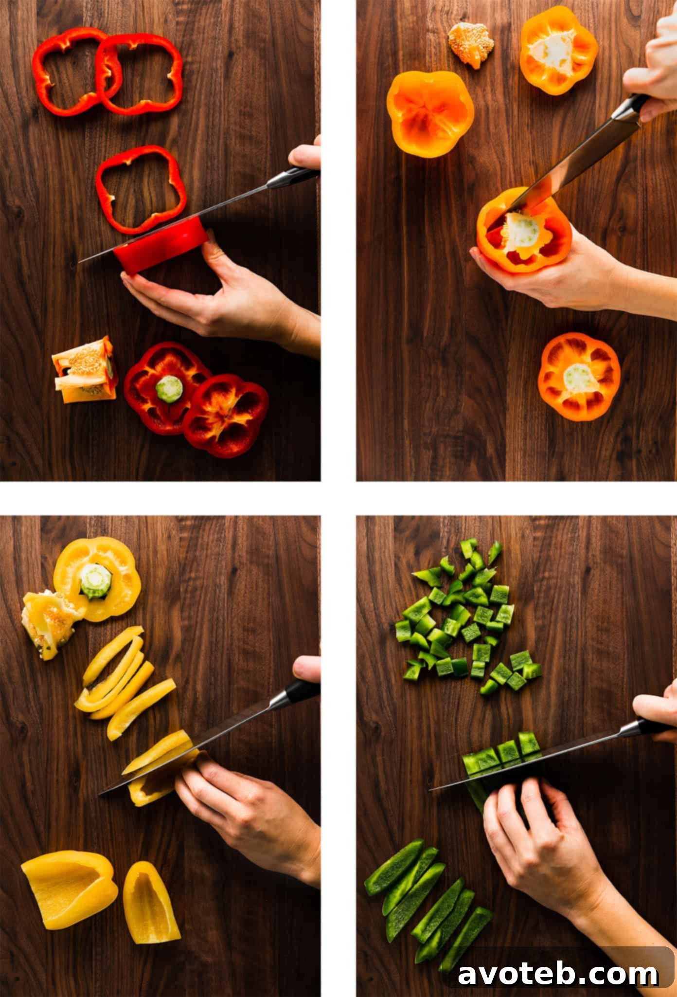 Cut Bell Peppers Like a Pro 5 A selection of pre-cut bell pepper strips and dices in vibrant colors, ready for use.
