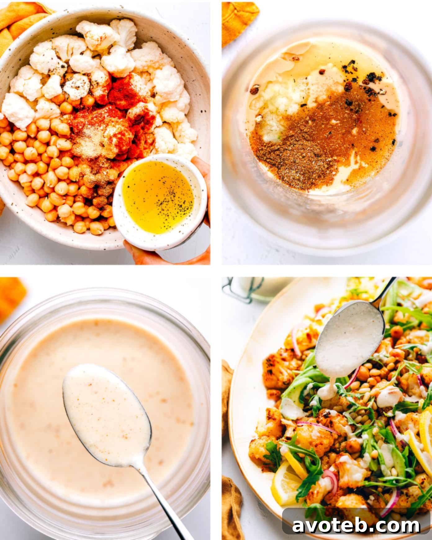 A top-down view of the Roasted Cauliflower, Chickpea, and Arugula Salad beautifully arranged on a white plate, ready to be served.