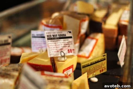 Cheese display at Murray's Cheese Extensive cheese selection at Murray's Cheese Shop