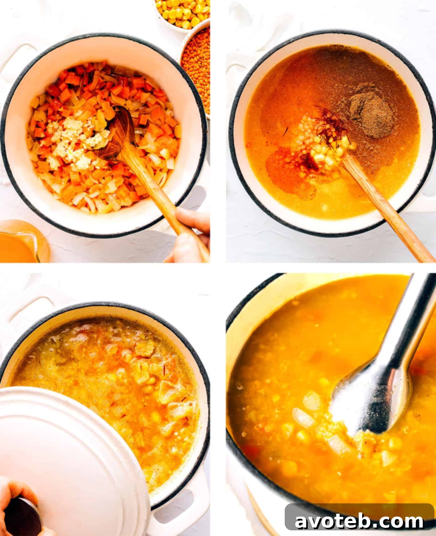 Step by step photos illustrating the process of making Lemony Lentil Soup from preparation to simmering.