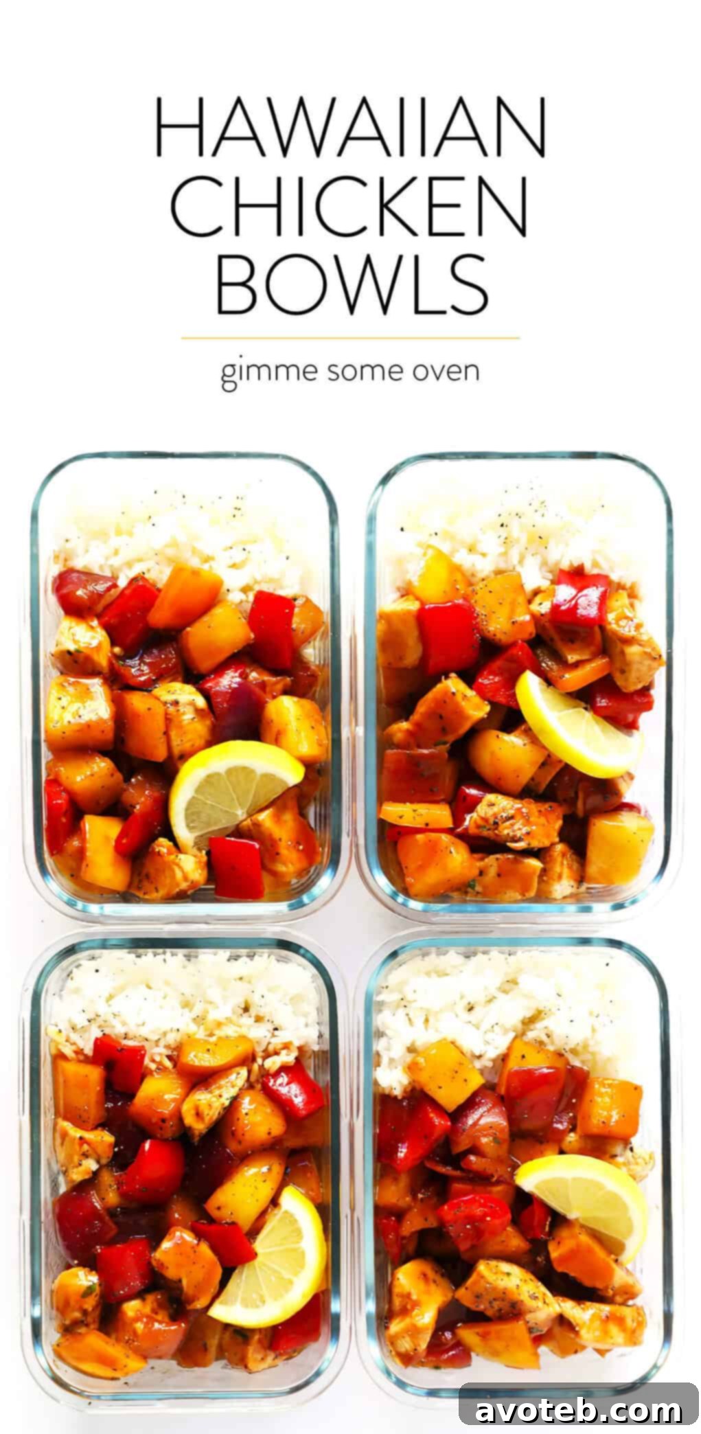 Close-up of a Hawaiian BBQ Chicken Bowl, showcasing the colorful ingredients including chicken, bell peppers, red onion, and fresh pineapple. A healthy and flavorful meal. | Gimme Some Oven #mealprep #bbqchicken #healthychicken #chickenrecipes