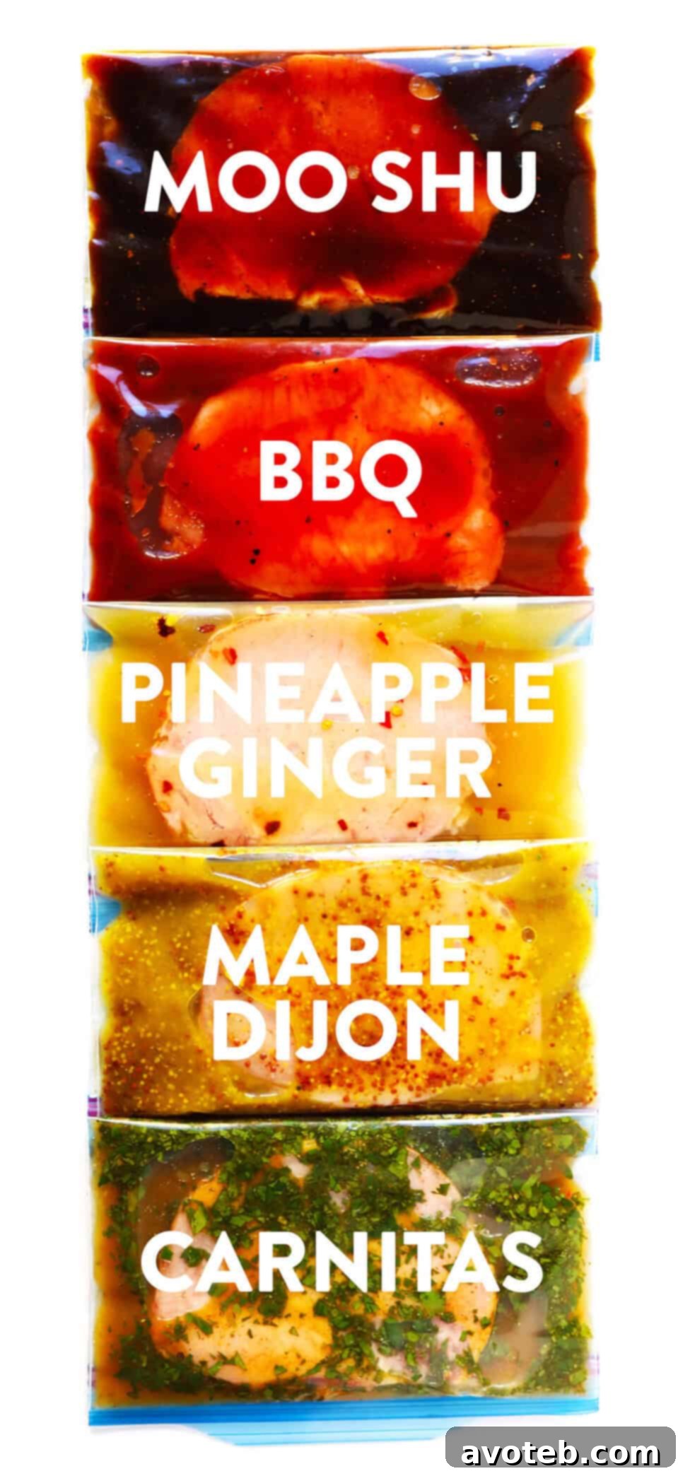 A vibrant selection of marinated pork cuts, ready for cooking, featuring 5 distinct flavor profiles for easy meal solutions.
