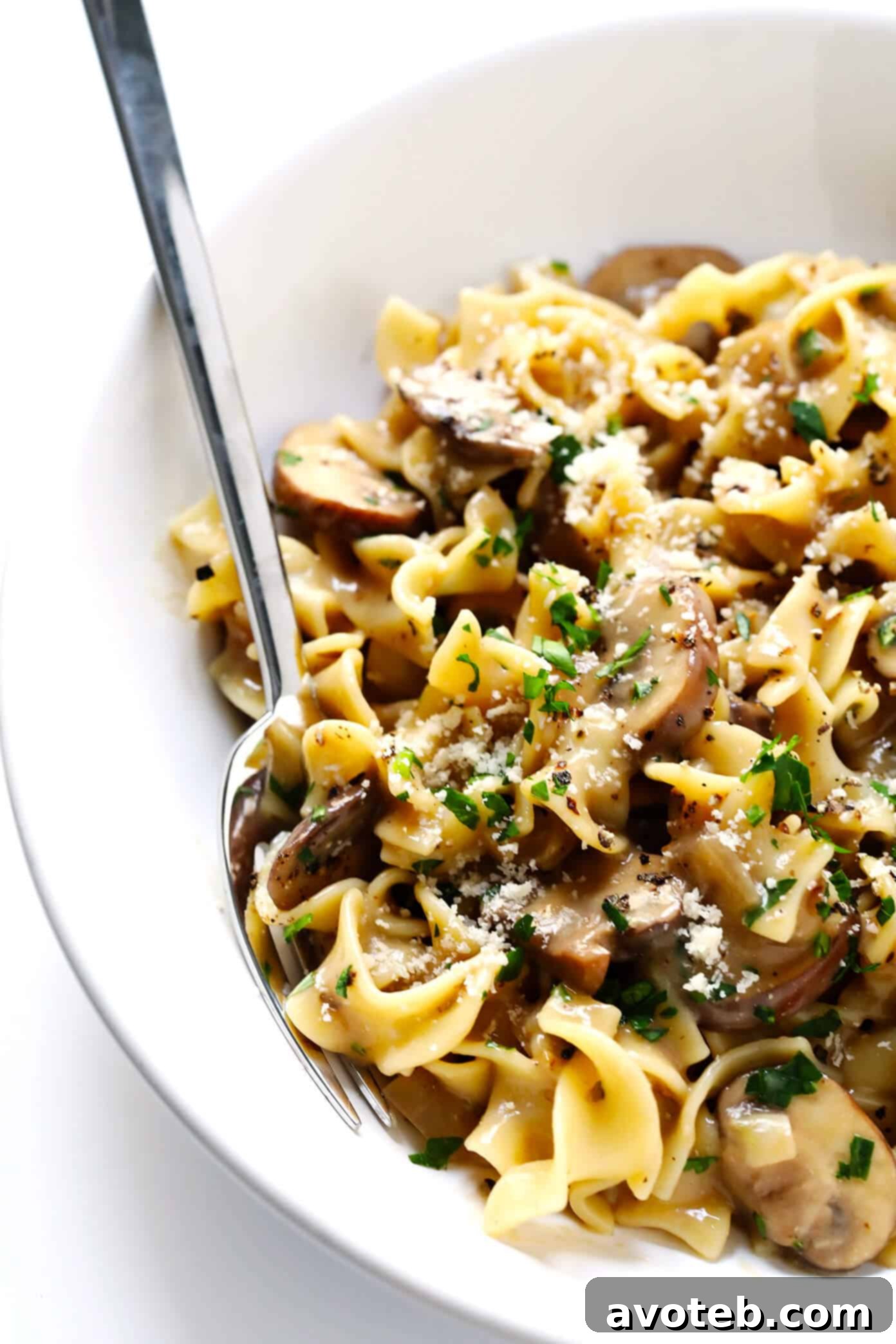 Delicious Vegetarian Mushroom Stroganoff, garnished and ready to serve.