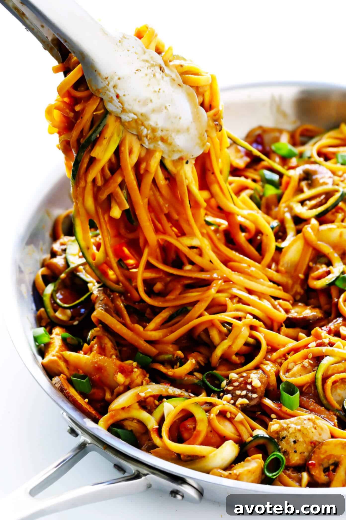 Generous portion of Kung Pao Chicken Noodle Stir-Fry