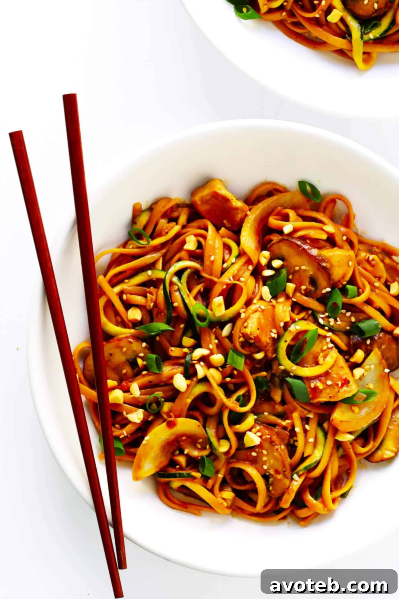Close-up of Kung Pao Chicken Noodle Stir-Fry recipe ready to eat